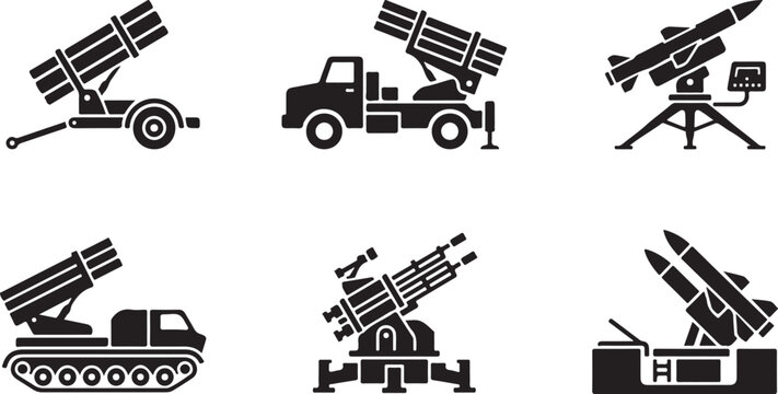 Set of military missile launchers and rocket systems icons, vector illustration in flat design style