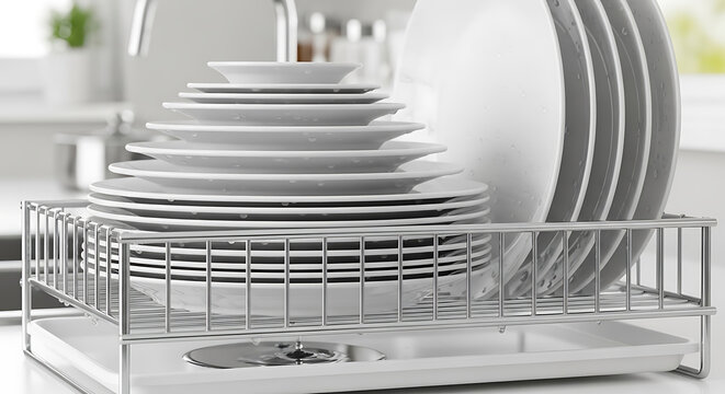 A stack of white dinnerware in a metal dish rack on transparent background