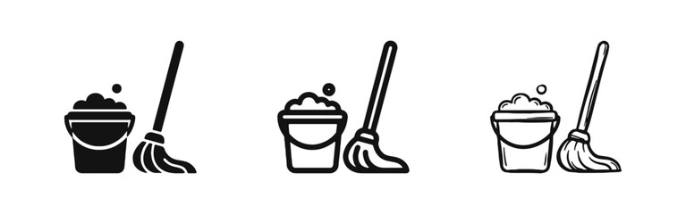 Cleaning bucket and mop icon set, sanitation and housekeeping symbol in silhouette, monoline, and hand drawn styles © drawing lines