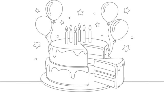 A drawing of a birthday cake with balloons and candles on top present