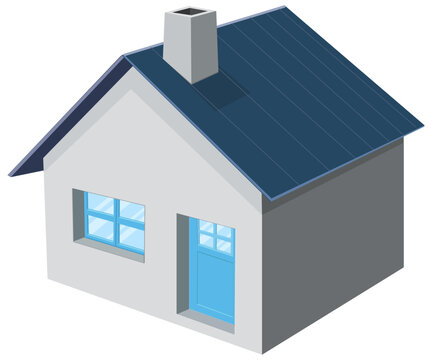 3D isometric illustration of a simple modern residential house with a blue roof and chimney, representing real estate, housing, and property ownership (cut out)
