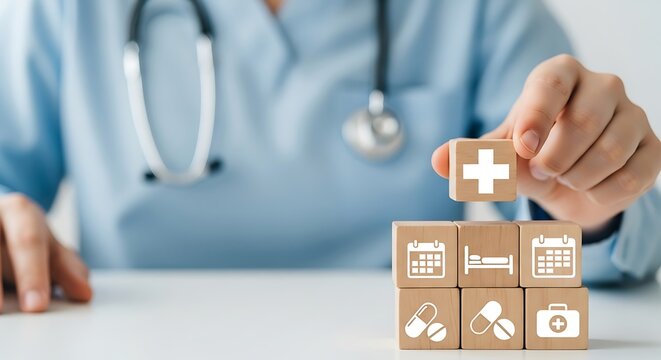 Healthcare medical insurance concept with wooden blocks, doctor hand stacking health icons, clinical service and hospital management planning