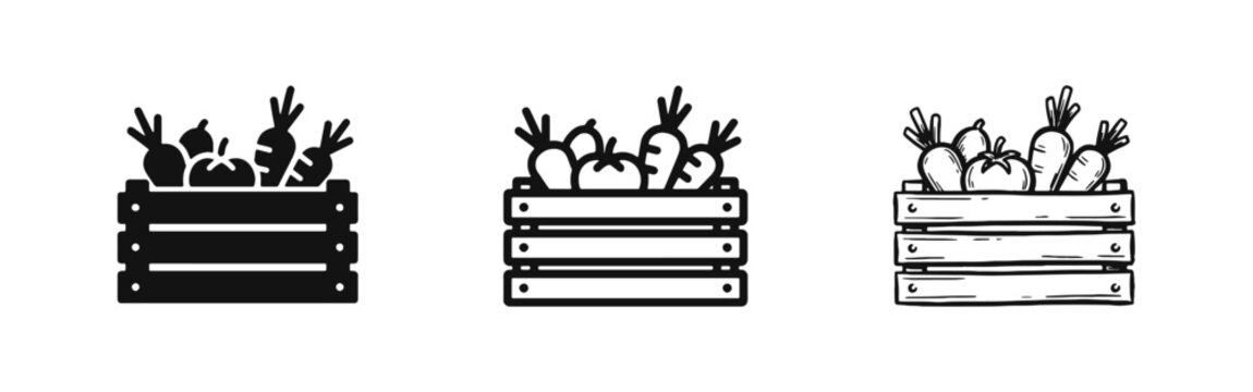 Vegetable crate icon set, fresh harvest and local produce symbol in silhouette, monoline, and hand drawn styles