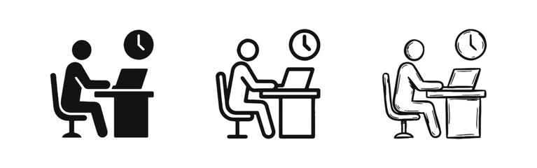 Person working at desk icon set, office worker and time management symbol in silhouette, monoline, hand drawn © drawing lines