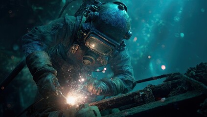 Fototapeta premium Underwater Welder in Deep Sea Performing Repairs with Sparks Flying.