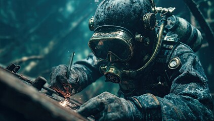 Fototapeta premium Underwater Welder Performing Repairs on Submerged Structure.
