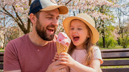 Naklejka premium Father and daughter happily eating strawberry ice cream on a park bench