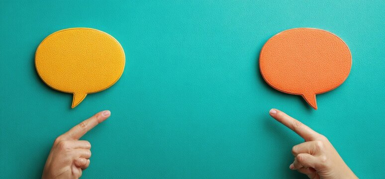 Two hands pointing at colorful speech bubbles on a teal background.