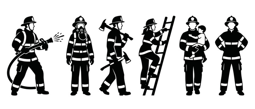 Firefighter icons set silhouette collection, professional rescue team characters in uniform with equipment, water hose, ladder, axe and child rescue illustration for emergency service infographic desi