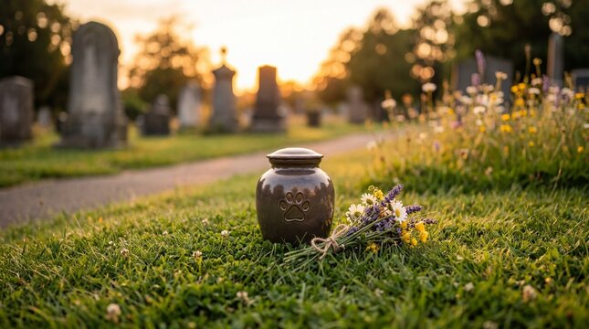 Pet cremation urn with flowers at a cemetery sunset