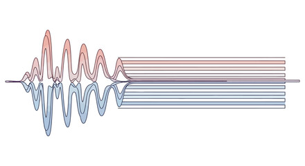 Abstract digital waveform representing sound or signal transmission with red and blue oscillating lines. © rikyan
