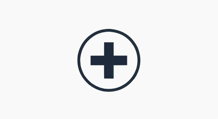 Fototapeta premium Minimalist medical plus icon in circle, black cross symbol for healthcare and first aid, flat vector sign for hospital and emergency services