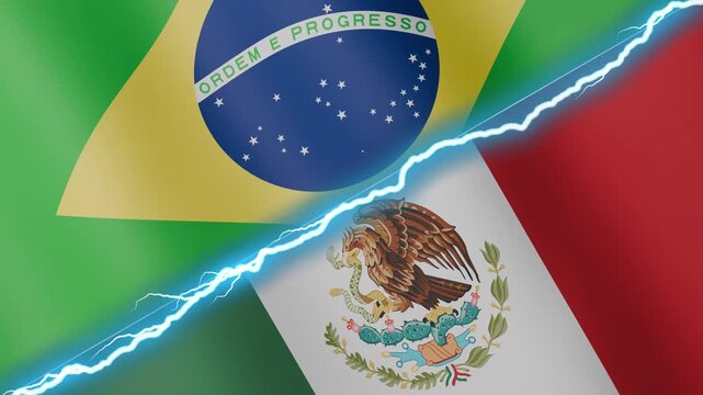 Two waving flags Brazil and Mexico with diagonal lightning seamless, 4k loop