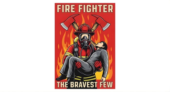 Brave firefighter in full protective gear carrying victim through fire poster style with crossed axes and text firefighter the bravest few heroic rescue mission honoring first responders illustration.
