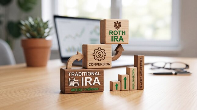 Roth IRA Conversion Concept with Wooden Blocks for Retirement Planning and Wealth Growth