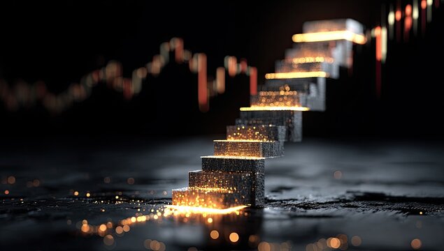 Staircase of glowing gold bars leading upwards on a dark background with a blurred stock market graph.