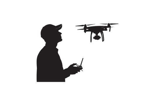 Drone, remote control, pilot silhouette, black icon, technology