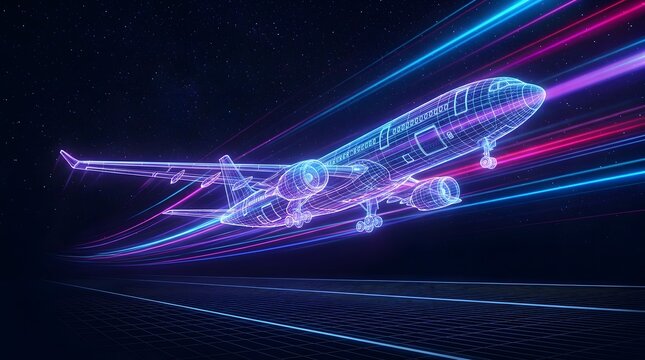 Wireframe airplane flying through neon light streaks.