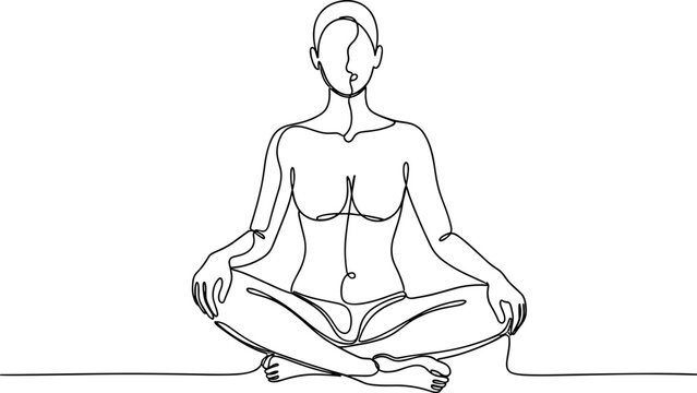 Continuous line drawing of a woman meditating in lotus pose, minimalist art, wellness concept.