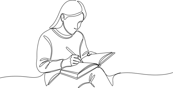 Continuous line drawing of a young woman writing in a notebook, studying or journaling