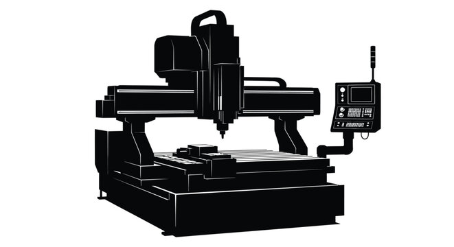 Industrial cnc milling machine depicted in a stark black silhouette