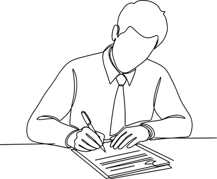 Man in shirt and tie writing on paper, line art illustration, minimalist style