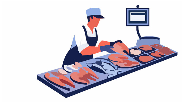 Seafood market vector set fishmonger fish and salmon elements isolated collection