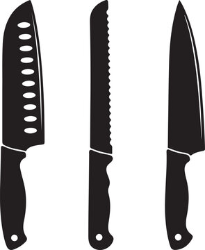 Set of three kitchen knives with different blades, chef, santoku, and serrated, presented in vector illustration