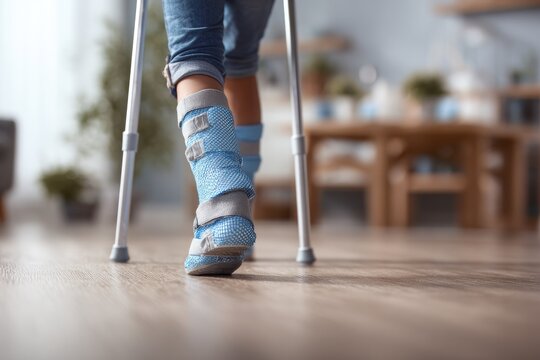 Close-up of a person walking with crutches and a cast on their leg.