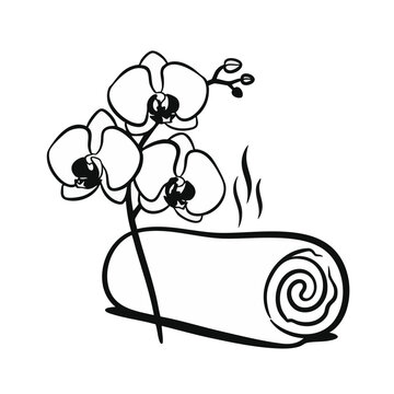 Hot rolled towel with orchid branch line icon. Spa and wellness vector illustration isolated on transparent background