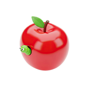 A shiny red wooden apple toy with a cute green worm emerging from the side.