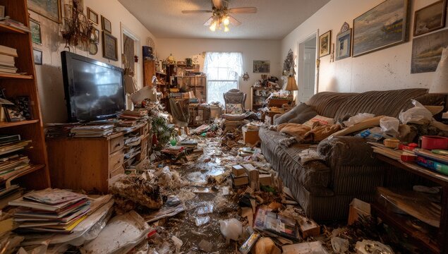 Extremely cluttered living room filled with excessive possessions and disarray.