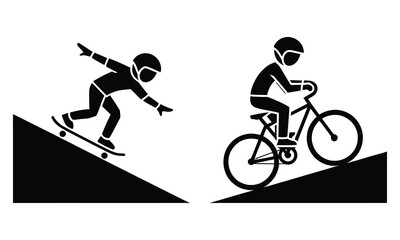 Obraz premium Skateboarder and cyclist descending a ramp in action poses