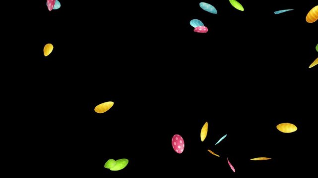 Falling colorful paper easter eggs motion graphics with plain black background