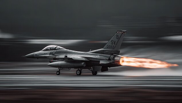 Fighter Jet Accelerating Down Runway With Fiery Exhaust.
