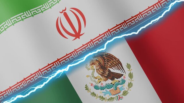 Two waving flags Iran and Mexico with diagonal lightning seamless, 4k loop