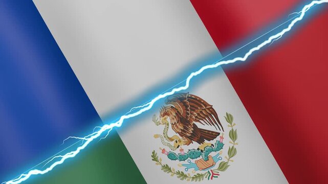 Two waving flags France and Mexico with diagonal lightning seamless, 4k loop
