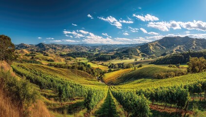 Fototapeta premium Expansive Rolling Hills Vineyard Landscape Under a Blue Sky with Clouds.