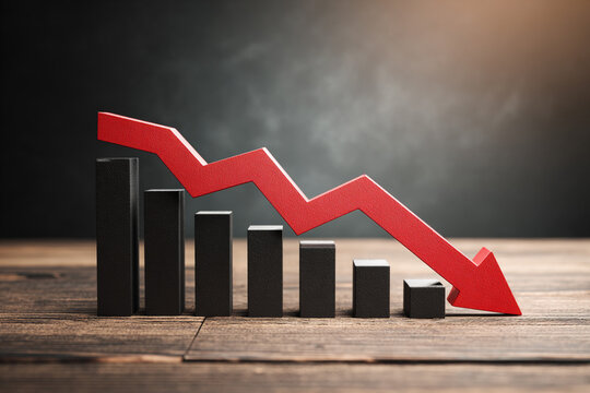 Red arrow pointing downwards over black bars representing a declining business graph