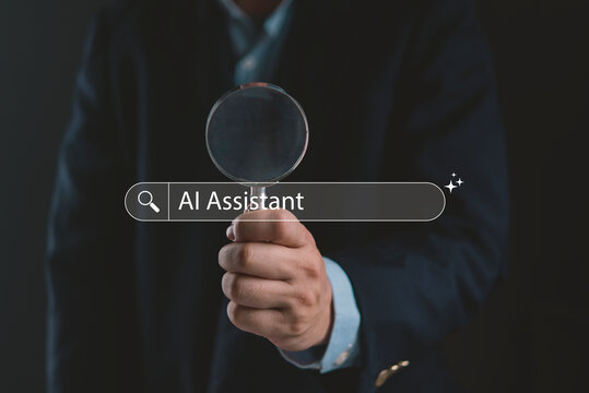 Close up businessman hand magnifying glass virtual search bar AI Assistant text digital technology innovation discovery smart solution business optimization.