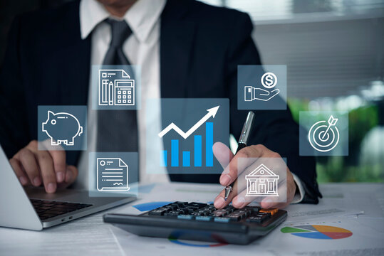 Financial consultant analyzing market trend laptop calculator budget planning ROI optimization tax efficiency mortgage loan banking digital accounting software business prosperity wealth.