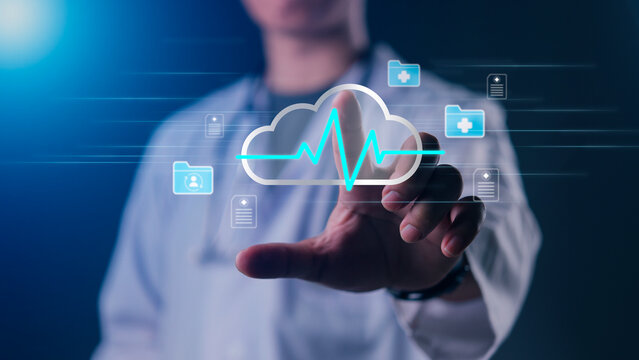 Close up hand clicking cloud EKG symbol futuristic interface, smart healthcare infrastructure, medical database access, telehealth connectivity, insurance data processing technology solutions.