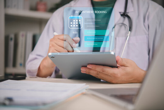 Close up hand doctor using digital calendar appointment booking app on tablet, clinical time management, smart healthcare solution, medical secretary automation, telehealth consultation scheduling.