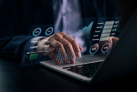 Investor monitoring real-time financial metrics glowing virtual screen, asset allocation strategy, quarterly revenue performance analysis, digital banking interface, market trend prediction.