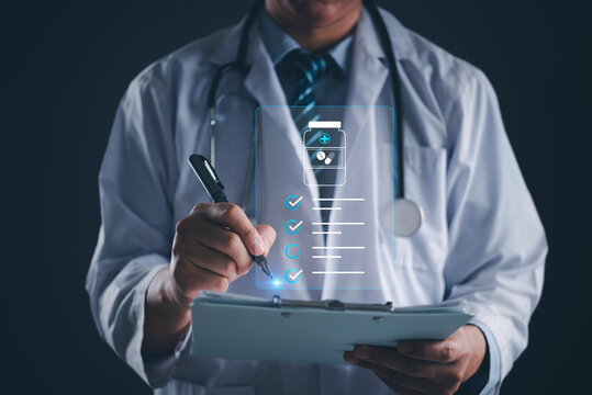 Practitioner using electronic clipboard verifying medicine capsules list, digital health solution, hospital administration software, futuristic pharmacy, healthcare insurance claim.