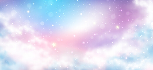 Fototapeta premium Unicorn background with pastel pink rainbow gradient, holographic sky cloud, sparkling star and bokeh light. Mermaid, cute candy and kawaii wallpaper. Princess birthday party and fairy tale backdrop.