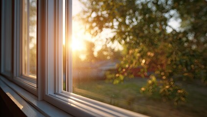 Fototapeta premium Golden Sunset Seen Through a Window with Trees Outside.