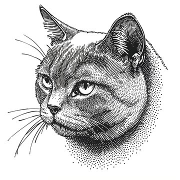 Vintage engraving style illustration of a British Shorthair cat head.