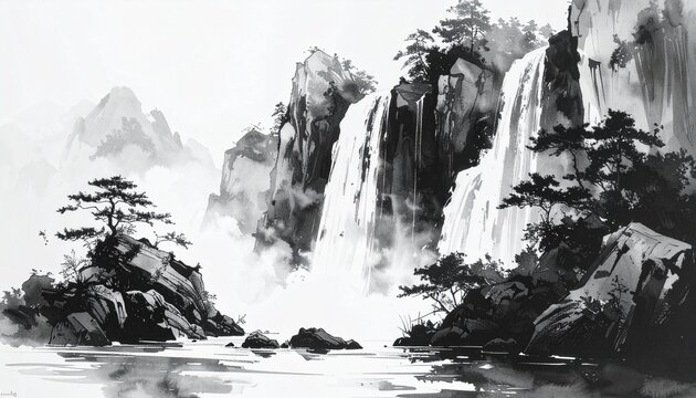 Japanese Ink Wash Landscape with Waterfall and Pine Trees, Traditional Sumi-e Painting