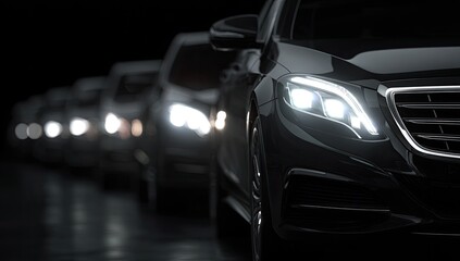 Obraz premium Row of Luxury Cars with Headlights On in Darkness.